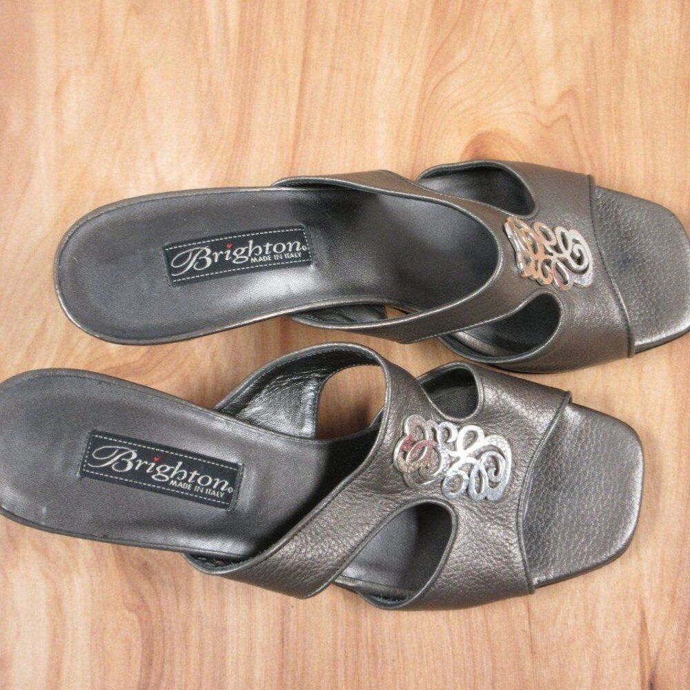 BRIGHTON Tresor Grey Metallic Leather Slides Womens Size 7.5 Kitten Heel Sandals - Picture 5 of 12